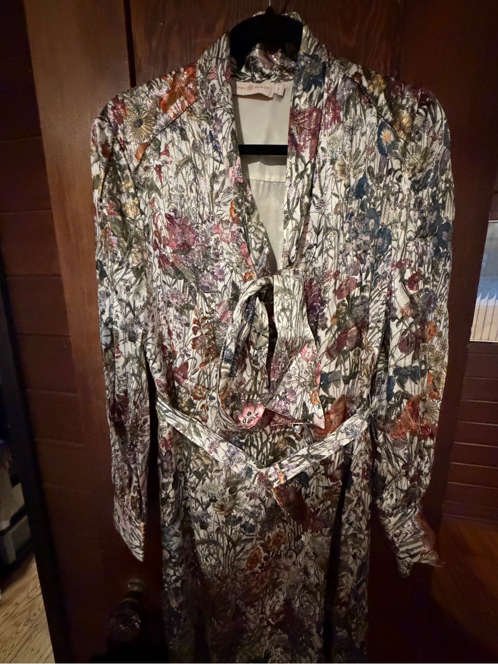 Tory Burch Cream Floral Metallic Long-Sleeve Belted Midi Dress Silk Blend - Picture 3 of 10